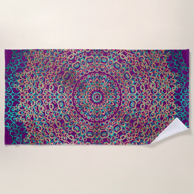  Modern & Elegant Stylish Mandala Boho Dark Purple Beach Towel (Front)