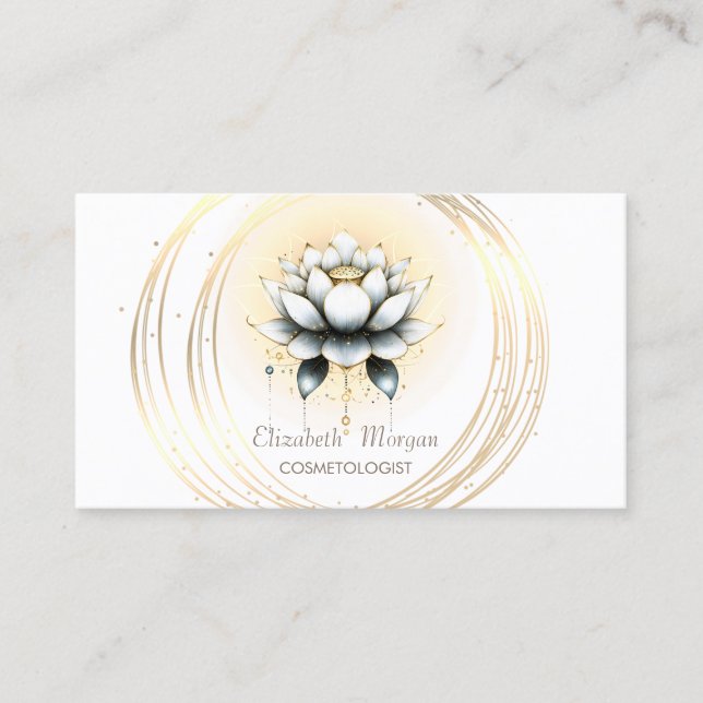 Modern Elegant Stylish White Lotus Gold Circles  Business Card (Front)