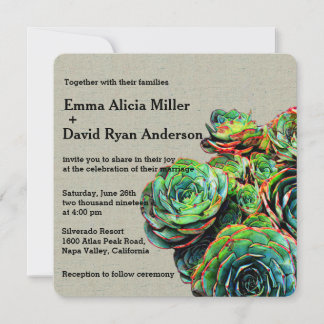 Modern Elegant Succulents Burlap Wedding Invites