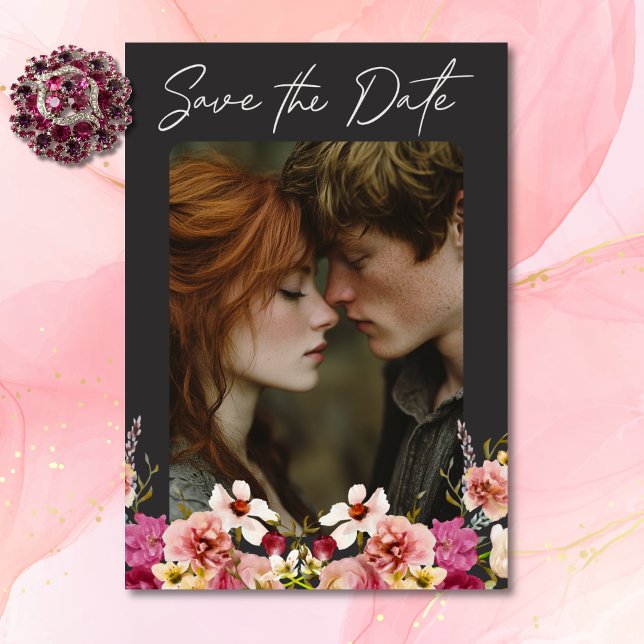 Modern Elegant Summer Meadow Floral Black Wedding Save The Date (Modern Elegant Summer Meadow Floral Black Wedding Save The Date)