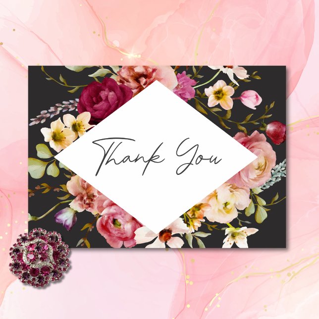 Modern Elegant Summer Meadow Floral Black Wedding Thank You Card (Modern Elegant Summer Meadow Floral Black Wedding Thank You Card)