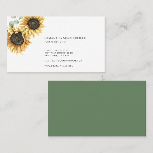 Modern Elegant Sunflower Eucalyptus Florist Business Card (Front/Back)