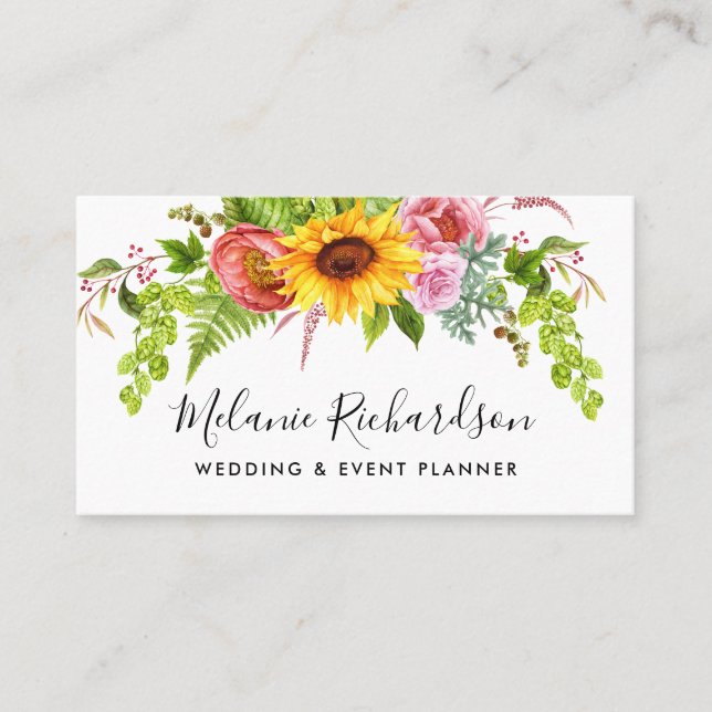 Modern Elegant Sunflower Greenery Floral Business Card (Front)