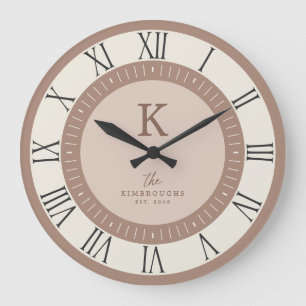 Modern Elegant Tan Cream Blush Monogram Family Large Clock