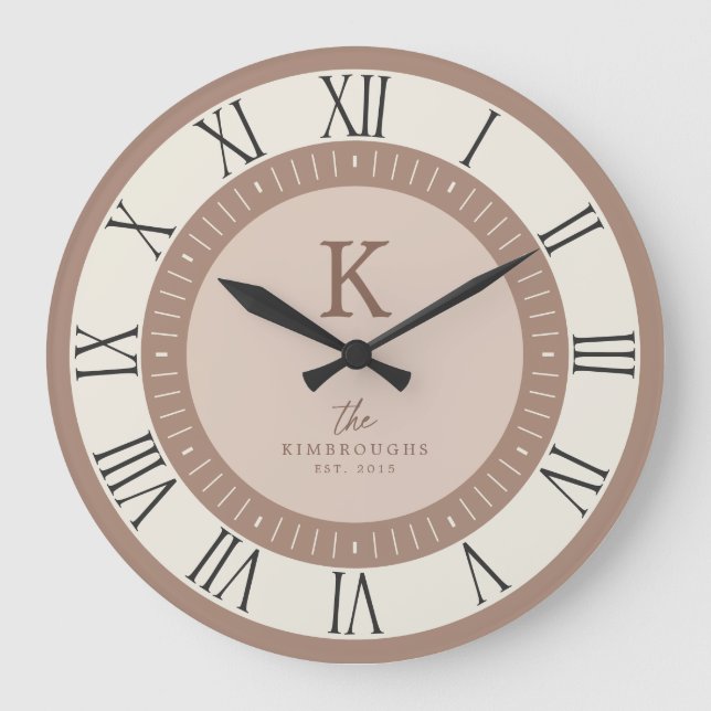 Modern Elegant Tan Cream Blush Monogram Family Large Clock (Front)