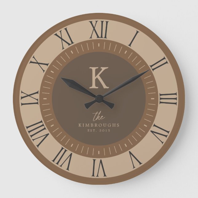 Modern Elegant Tan Mousse Brown Monogram Family Large Clock (Front)