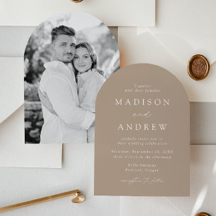 Modern Elegant Taupe Photo Arch Wedding Invitation