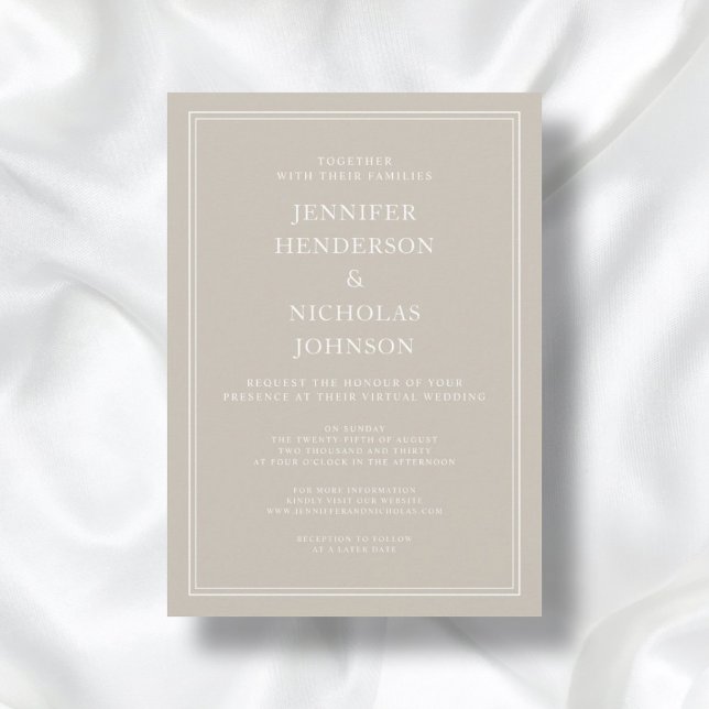 Modern Elegant Taupe Virtual Wedding Invitation (Front / Modern Elegant Formal Taupe Beige Virtual Wedding Invitation)