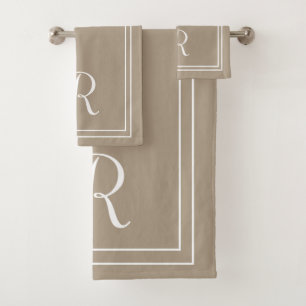 Modern Elegant Taupe & White Monogram Bath Towel Set