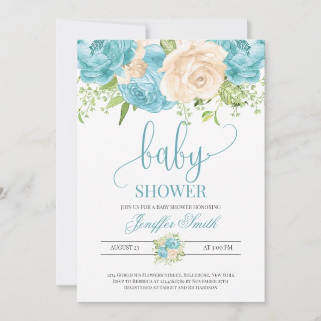 Modern elegant teal and cream floral baby shower invitation (Front)