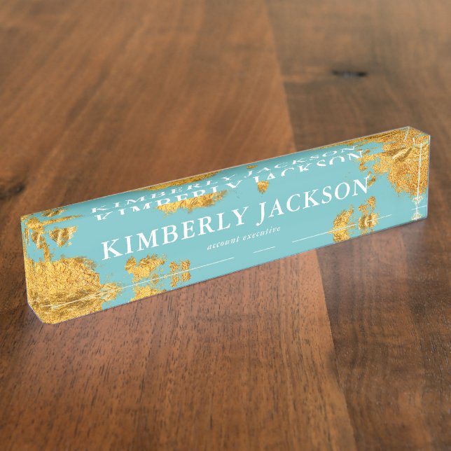 Modern Elegant Teal Aqua Gold Desk Name Plate (Side)