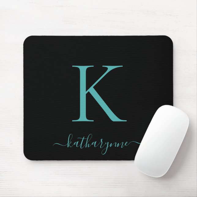 Modern Elegant Teal Aqua Monogram Script Black Mouse Mat (With Mouse)