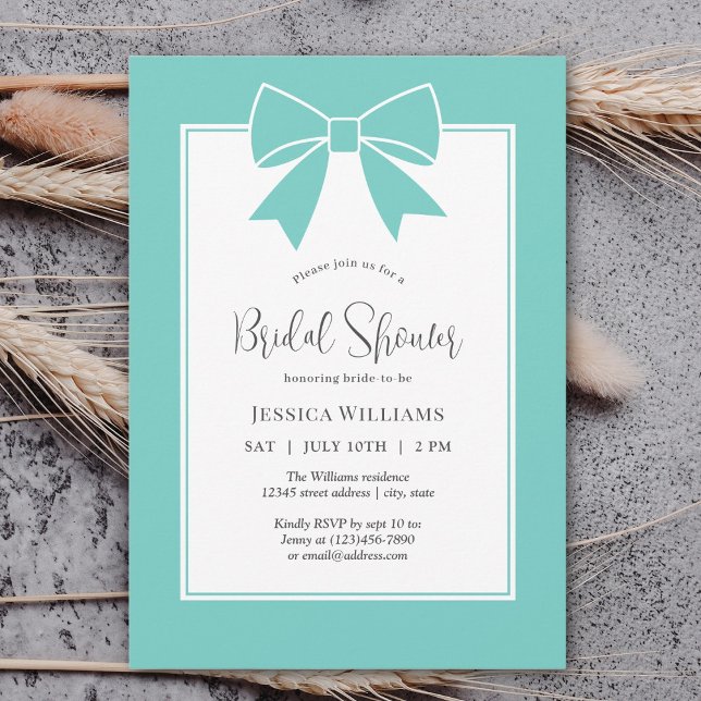 Modern Elegant Teal Blue Bow Ribbon Bridal Shower Invitation (Creator Uploaded)