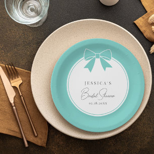 Modern Elegant Teal Blue Bow Ribbon Bridal Shower Paper Plate
