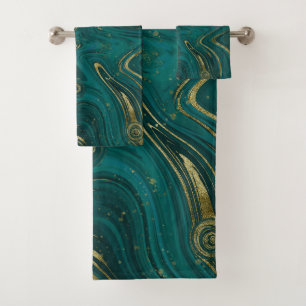 Modern Elegant Teal Green & Gold Marble Swirl  Bath Towel Set