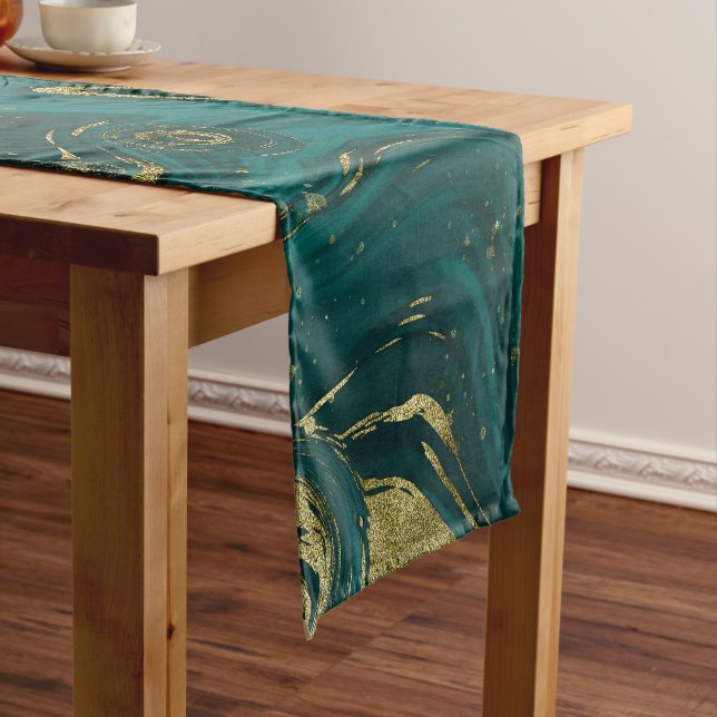 Modern Elegant Teal Green & Gold Marble Swirl  Short Table Runner (In Situ)