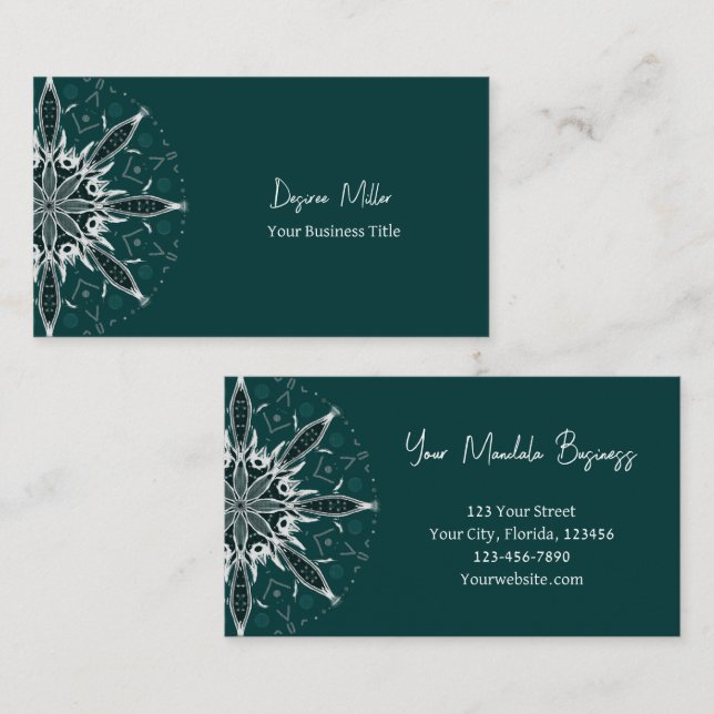 Modern Elegant Teal Green White Bohemian Mandala Business Card (Front/Back)