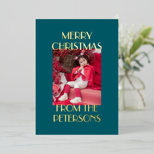 Modern Elegant Teal Merry Christmas Photo Gold Foil Holiday Card (Standing Front)