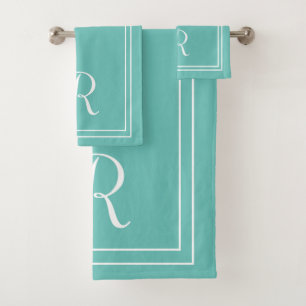 Modern Elegant Teal & White Monogram Bath Towel Set
