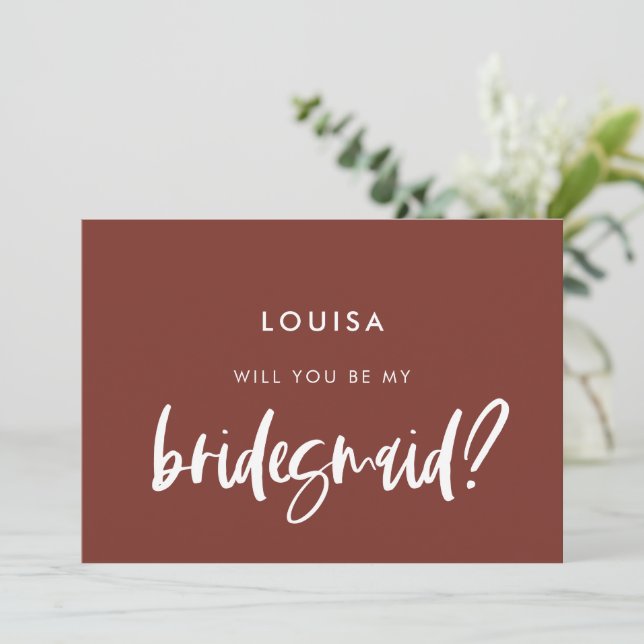 Modern elegant terracotta Bridesmaid proposal card (Standing Front)