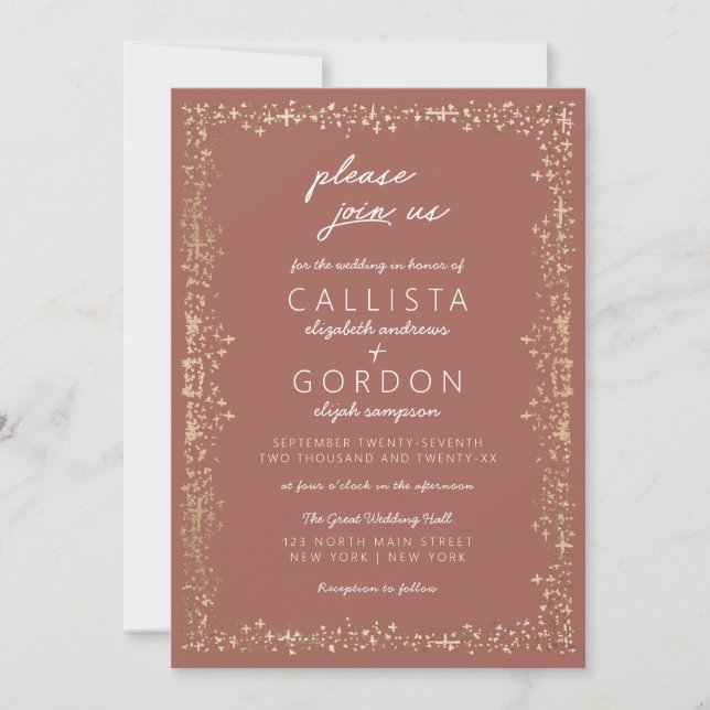 Modern Elegant Terracotta Gold Border Wedding Invitation (Front)