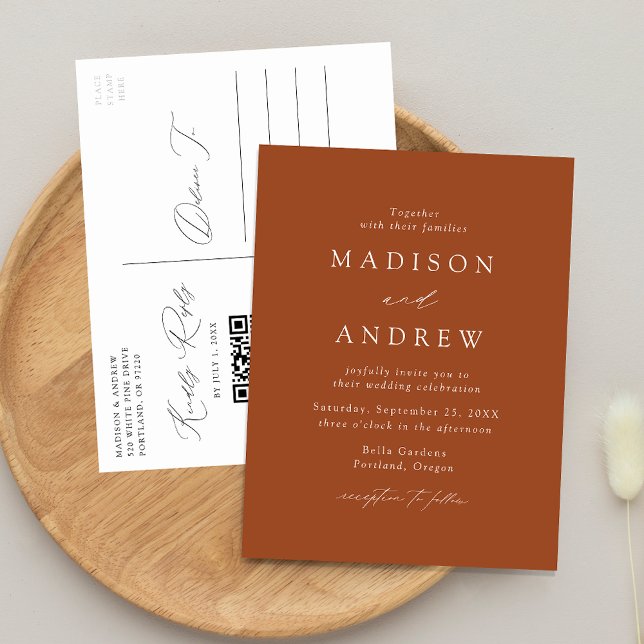 Modern Elegant Terracotta QR Code Wedding Invitation Postcard (Creator Uploaded)