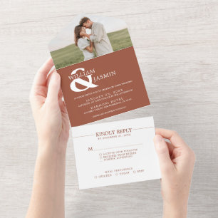 Modern Elegant Terracotta Rust Photo Wedding All In One Invitation