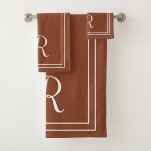 Modern Elegant Terracotta & White Monogram Bath Towel Set