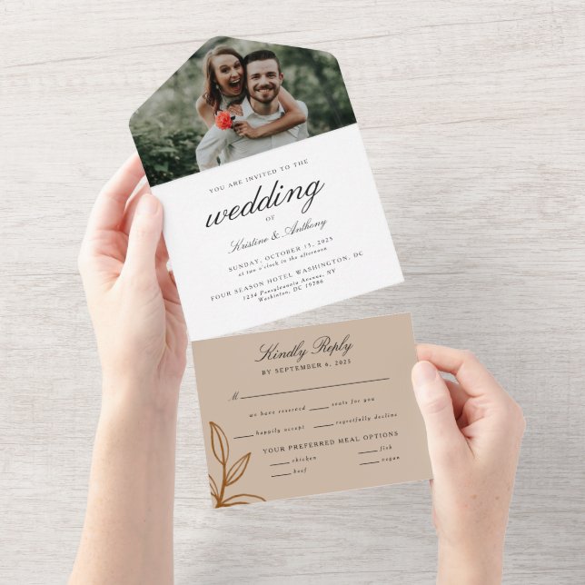 Modern Elegant Terracotta with Leaves Wedding All In One Invitation (Tearaway)