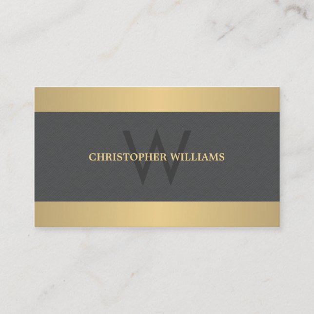 Modern Elegant Texture Grey Faux Gold Monogram Business Card (Front)