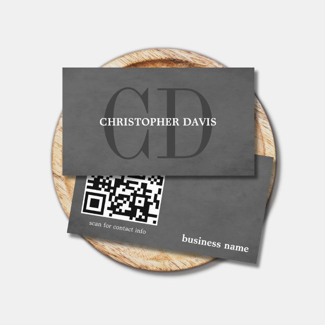 Modern Elegant Texture Grey Monogram QR code Business Card (Creator Uploaded)
