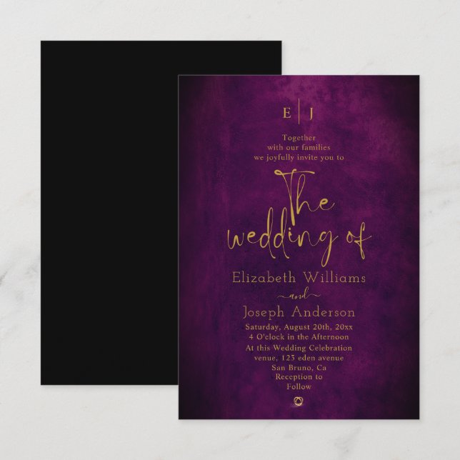  Modern Elegant Texture Purple & Gold Wedding Invitation (Front/Back)