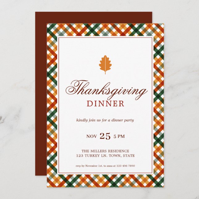 Modern Elegant Thanksgiving Dinner Party Invitation (Front/Back)