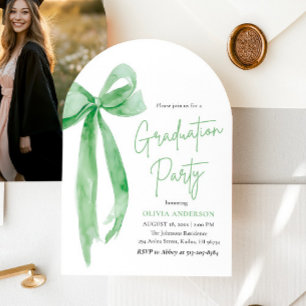Modern Elegant Trendy Green Bow Graduation Arched Invitation