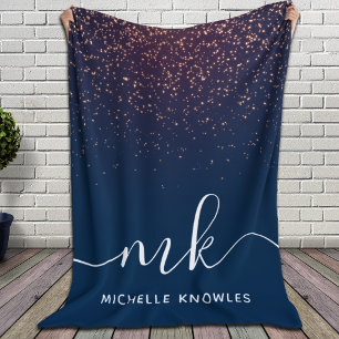 Modern Elegant Trendy Navy Glitter Monogram Fleece Blanket