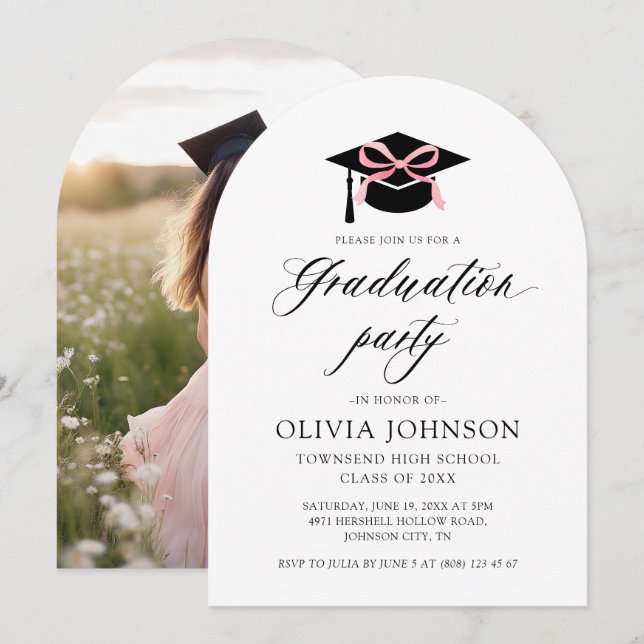 Modern Elegant Trendy Pink Bow Graduation Arched Invitation (Front/Back)