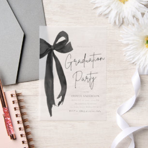 Modern Elegant Trendy Stylish Black Bow Graduation Vellum Invitations
