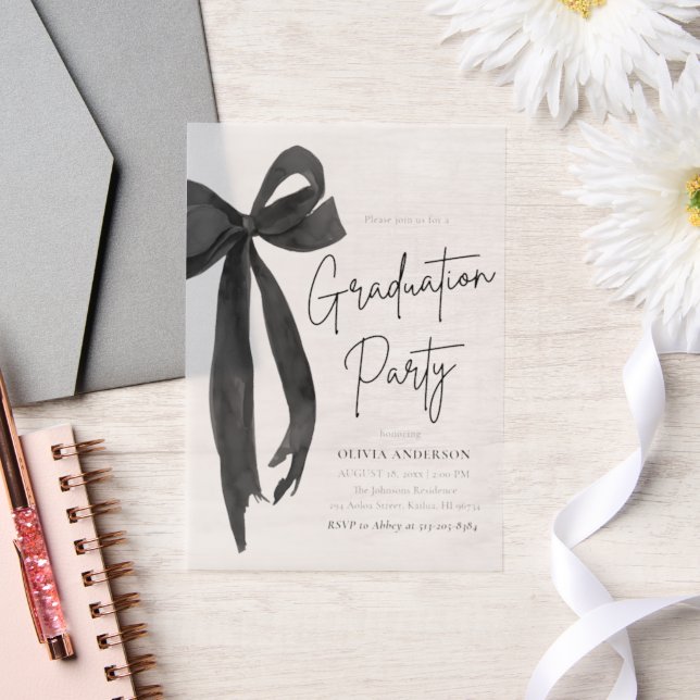 Modern Elegant Trendy Stylish Black Bow Graduation Vellum Invitations (Wedding)