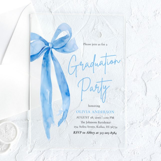 Modern Elegant Trendy Stylish Blue Bow Graduation Acrylic Invitations (Creator Uploaded)
