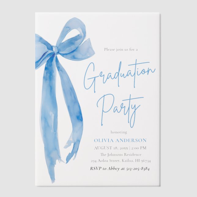 Modern Elegant Trendy Stylish Blue Bow Graduation Vellum Invitations (Front)