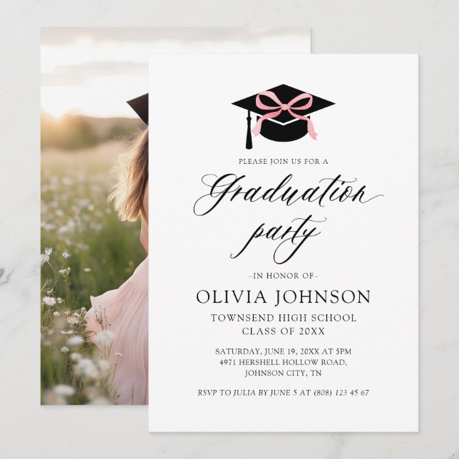 Modern Elegant Trendy Stylish Pink Bow Graduation  Invitation (Front/Back)