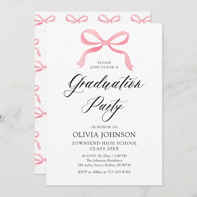 Modern Elegant Trendy Stylish Pink Bow Graduation Invitation (Front/Back)