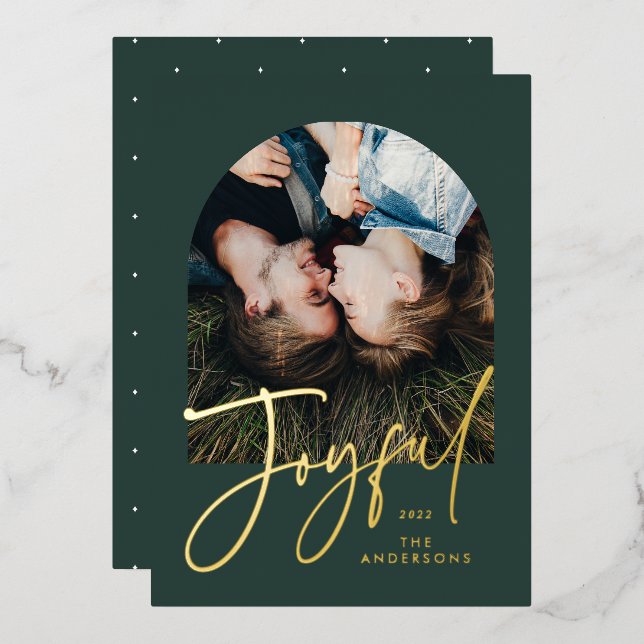 Modern elegant trendy typography green 1 photo foil holiday card (Front/Back)