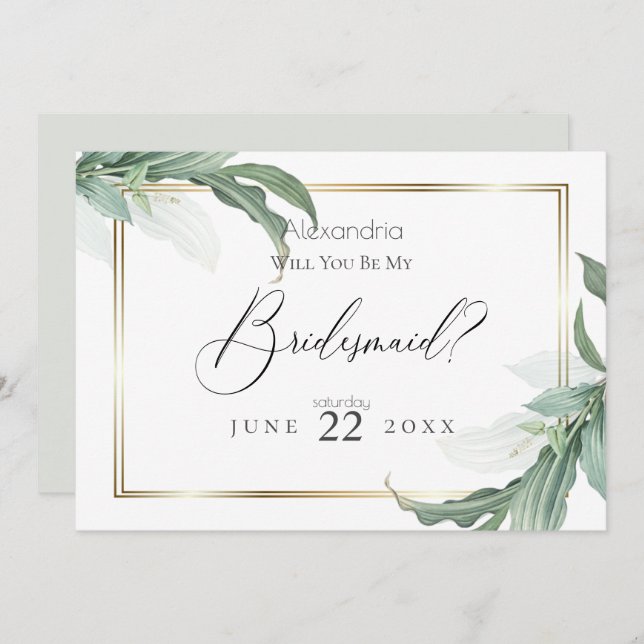 Modern Elegant Tropical Leaves Be My Bridesmaid Invitation (Front/Back)