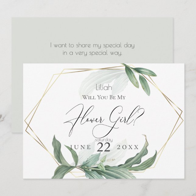 Modern Elegant Tropical Leaves Be My Flower Girl Invitation (Front/Back)
