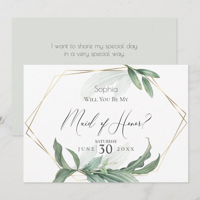 Modern Elegant Tropical Leaves  My  Maid of Honour Invitation (Front/Back)