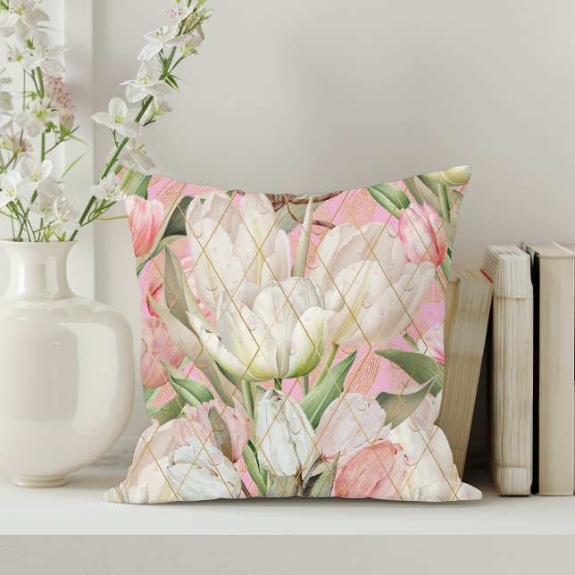 Modern Elegant Tulips With Gold Pattern Cushion (Creator Uploaded)