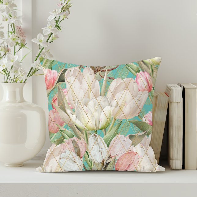 Modern Elegant Tulips With Gold Pattern Cushion (Creator Uploaded)