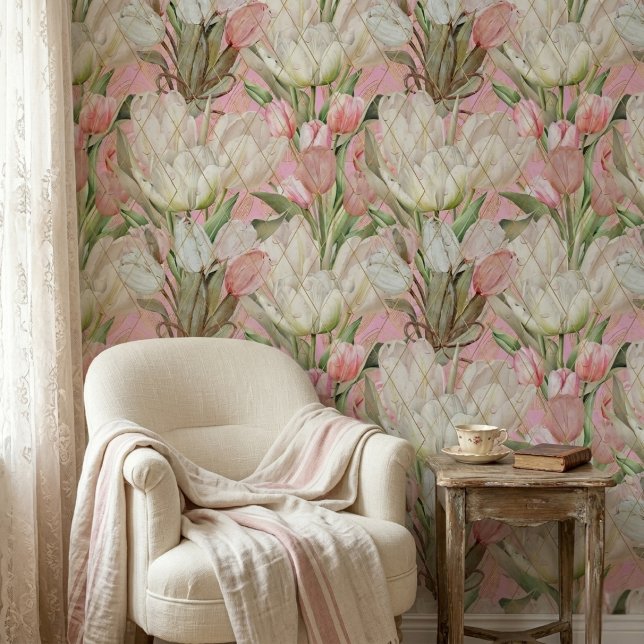 Modern Elegant Tulips With Gold Pattern Wallpaper (Creator Uploaded)