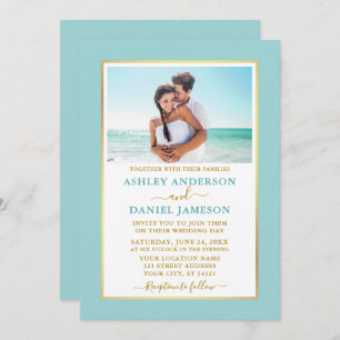 Modern Elegant Turquoise Blue Gold Wedding Invitation
